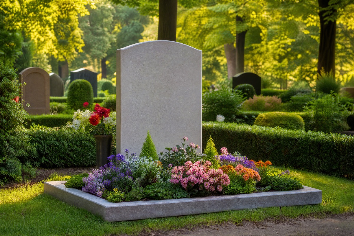 Gepflegtes klassisches Grab mit hellem Grabstein und bunten Blumen auf einem Friedhof