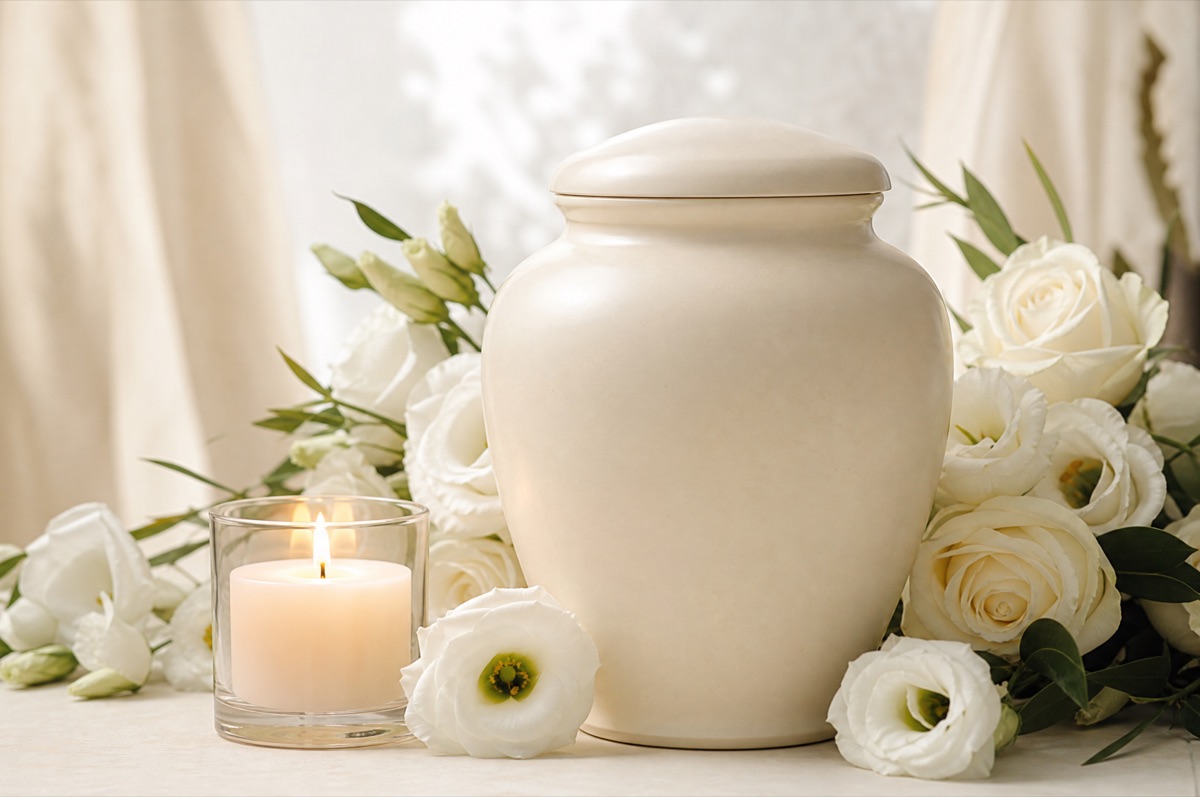 Helle Urne mit wei&szlig;en Rosen und einer brennenden Kerze