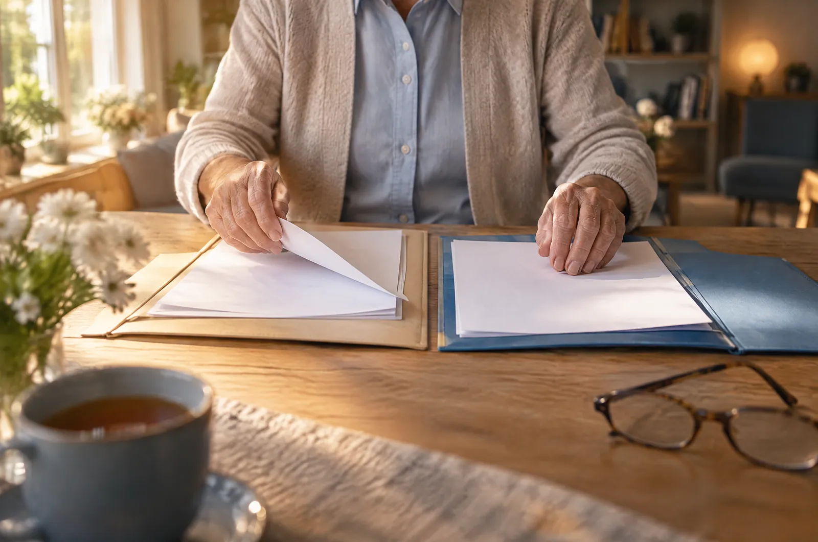 Hände einer älteren Person sortieren Vertragsunterlagen in einer Mappe am Fenster, daneben eine blaue Tasse, Sinnbild für den Vergleich von Sterbekasse und Sterbegeldversicherung