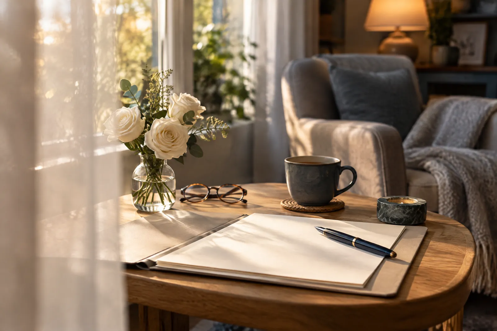 Beistelltisch am Fenster mit leerer Dokumentenmappe, Füller, Lesebrille, Teetasse und weißen Rosen als Sinnbild für die Planung der Bestattungskosten