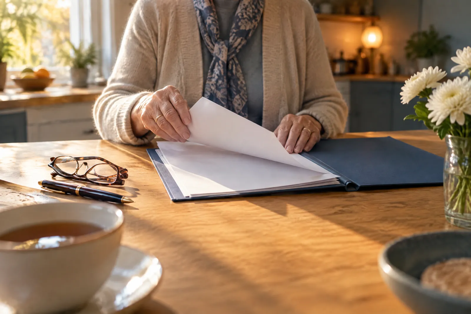 Ältere Hände sortieren am hellen Küchentisch Unterlagen in einer blauen Mappe, daneben eine Tasse Tee: die Kosten einer Beerdigung regeln