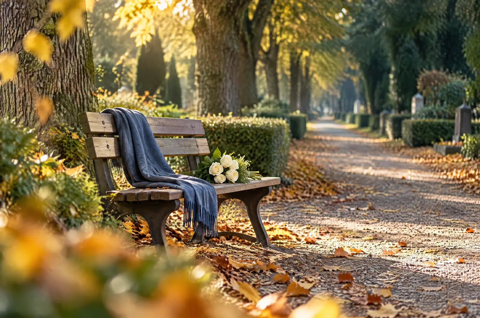 Holzbank mit blauem Schal und weißen Rosen an einem gepflegten Friedhofsweg mit Herbstlaub im warmen Morgenlicht, Symbolbild zu den Kosten einer Erdbestattung