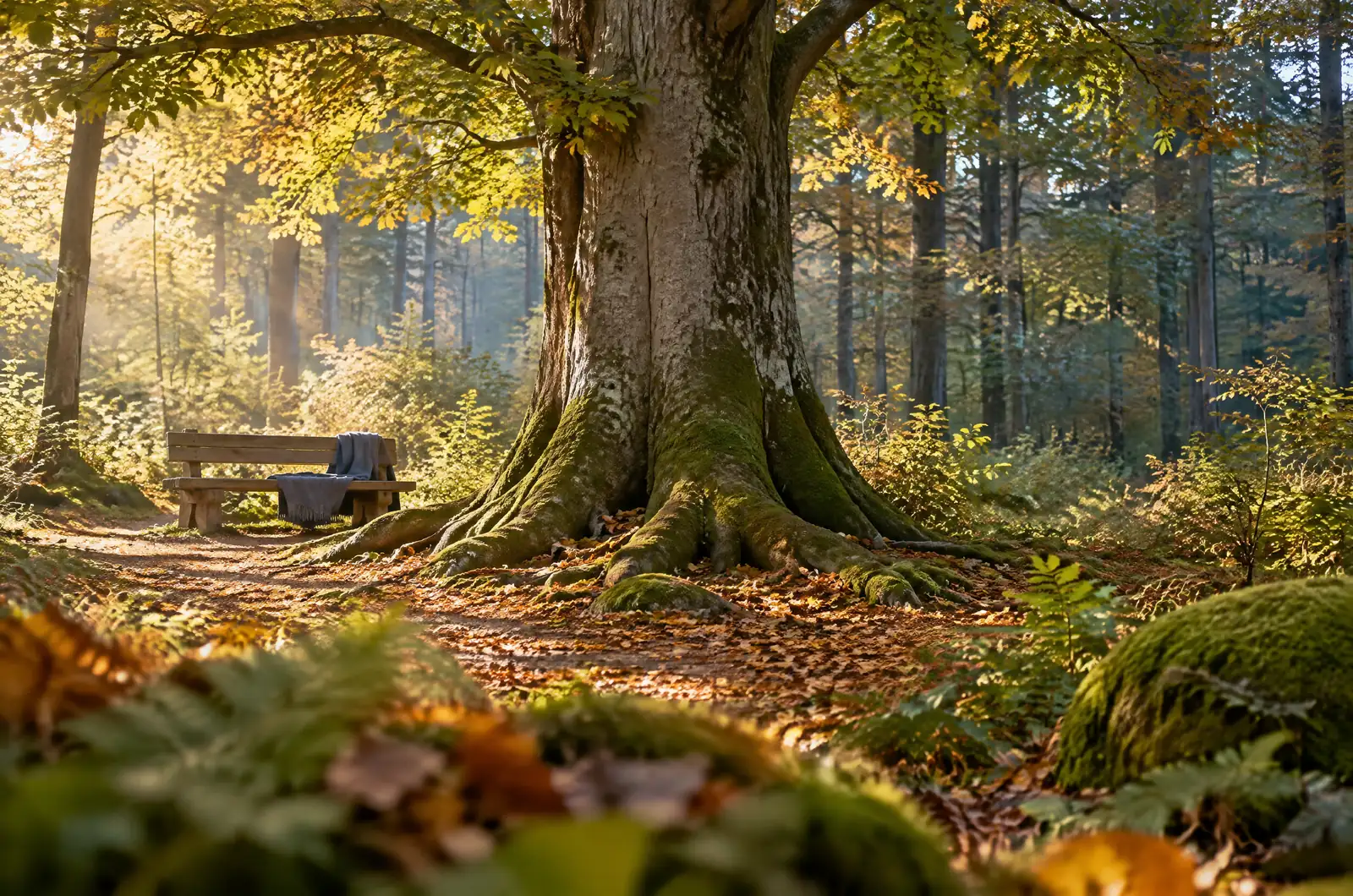 Lichter Buchenwald im Morgenlicht mit einem alten Baum an einer Lichtung, Sinnbild für eine Baumbestattung im Bestattungswald