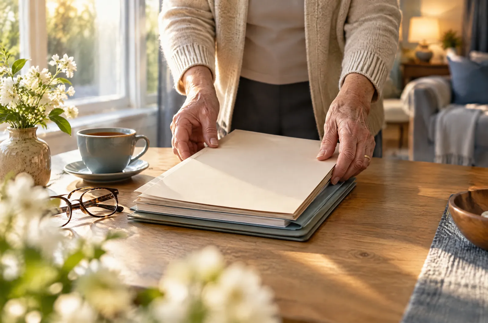 Ältere Hände ordnen an einem hellen Tisch eine Mappe mit Vorsorgeunterlagen, daneben eine blaue Tasse und Lesebrille: Bestattungsvorsorge sicher geregelt