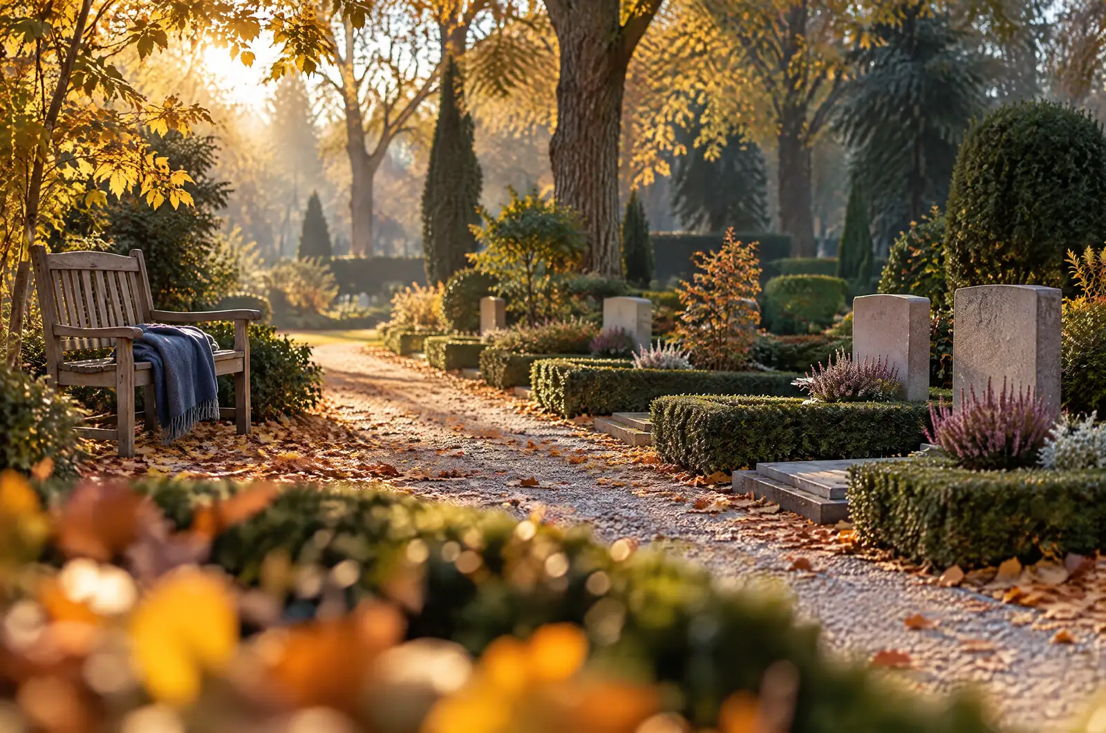 Gepflegter Friedhofsweg mit Herbstlaub, Gräbern mit Heide und einer Holzbank mit blauer Decke im warmen Morgenlicht, Symbol für Friedhofsgebühren und Grabkosten