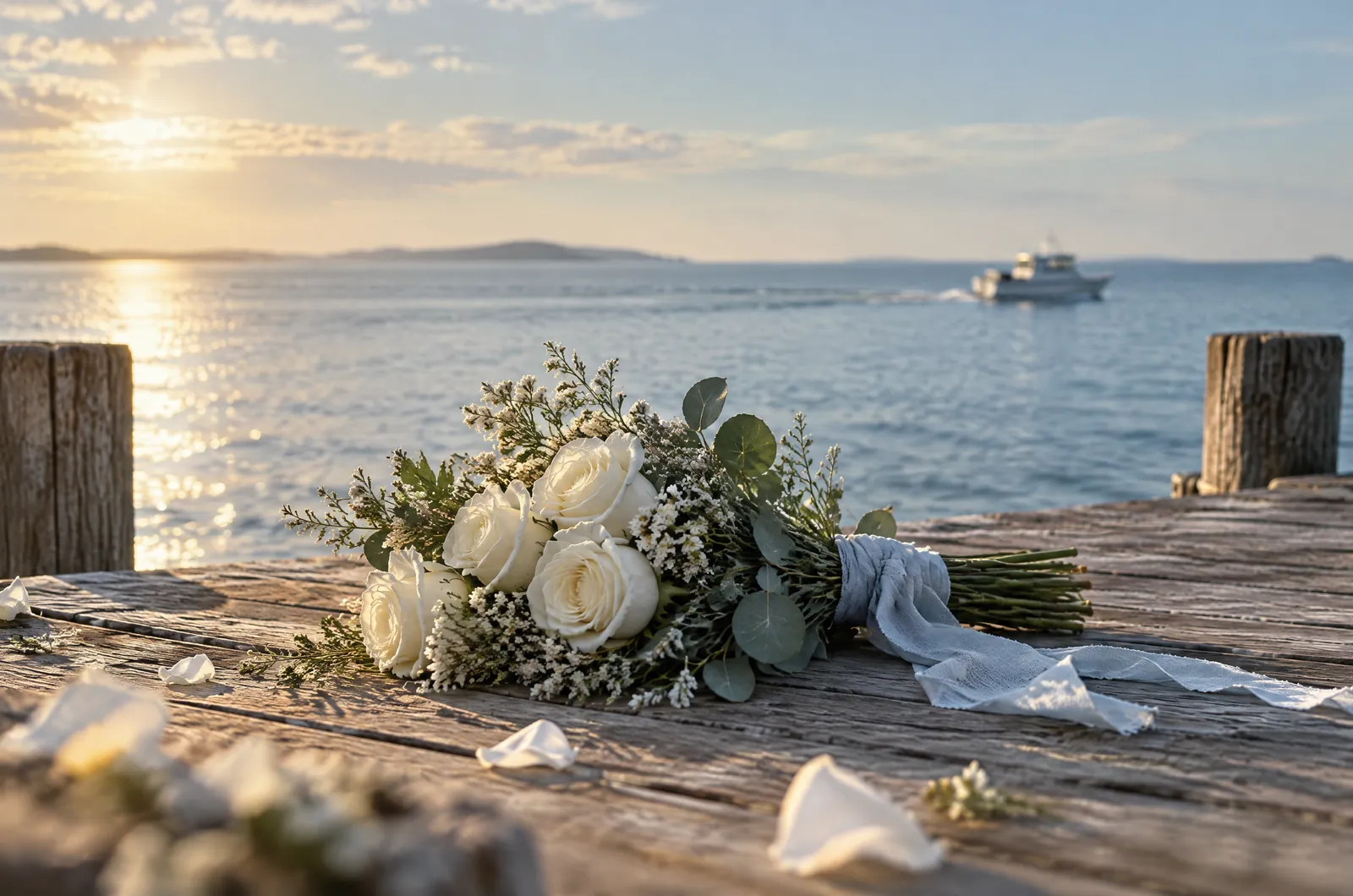 Kleines weißes Boot auf ruhiger, heller See im Morgenlicht, im Vordergrund ein Strauß weißer Blumen auf einem Holzsteg, Symbolbild für die Kosten einer Seebestattung